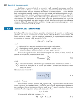 8.4 Estabilidad de muros de retención 381
analizaron en el capítulo 5 y no se profundizarán más. Cuando un estrato de suelo débil se ubica
a poca profundidad, es decir, dentro de una profundidad de 1.5 veces el ancho de la losa de base
del muro de retención, se debe considerar la posibilidad de tener un asentamiento excesivo.
En algunos casos, el uso de un material de relleno de peso ligero detrás del muro de retención
puede resolver el problema.
Figura 8.5 Fallas de un muro de retención:
a) por volcamiento; b) por deslizamiento;
c) por capacidad de carga; d) por falla
cortante por asentamiento profundo de un
suelo débil.
a)
c)
b)
d)
Figura 8.6 Falla cortante por asentamiento
profundo de un suelo débil.
Suelo débil
Ángulo a con
la horizontal
Para
a  10
O
c
e
b
d
a
f
 