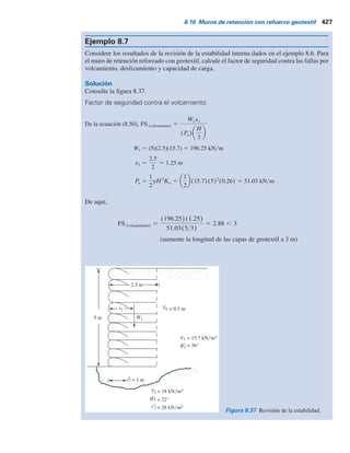 426 Capítulo 8: Muros de retención
De la ecuación (8.56),
T 5
Túlt
RFid 3 RFcr 3 RFcbd
5
52.5
1.2 3 2.5 3 1.25
5 14 kN m
Tperm 5
T
RFid 3 RFcr 3 RFcbd
5
52.5
1.2 3 2.5 3 1.25
5 14 kN m
Con FS(B)
5 1.5 en z 5 2 m,
SV 5
14
(15.7) (2) (0.26) (1.5)
5 1.14 m
En z 5 4 m,
SV 5
14
(15.7) (4) (0.26) (1.5)
5 0.57 m
En z 5 5 m,
SV 5
14
(15.7) (5) (0.26) (1.5)
5 0.46 m
Por lo tanto, se utilizará SV
5 0.5 m para z 5 0 a z 5 5 m (consulte la figura 8.36).
Determinación de L
De las ecuaciones (8.58), (8.59) y (8.60),
L 5
(H 2 z)
tan 45 1
fr
1
2
1
SVKa FS(P)
2 tan fr
F
y se deduce que
Para
L 5 (0.51) (H 2 z) 1 0.438SV
FS(P) 5 1.5, tanfr
F 5 tan (2
3) (36) 5 0.445,
H 5 5 m, SV
5 0.5 m
En z 5 0.5 m; L 5 (0.51)(5 – 0.5) 1 (0.438)(0.5) 5 2.514 m
En z 5 2.5 m; L 5 (0.51)(5 – 2.5) 1 (0.438)(0.5) 5 1.494 m
Por lo tanto, se utiliza L 5 2.5 m en todas las capas.
Determinación de ll
De la ecuación (8.61),
ll 5
SVsr
a FS(P)
4sr
o tanfr
F
con Por lo tanto
sr
o 5 g1z, fr
F 5 2
3fr
1.
sr
a 5 g1zKa, FS(P) 5 1.5;
ll 5 0.219
FS
SV 5 (0.219)(0.5) 5 0.11 m # 1 m
ll 5
SVKa3 (P)
4 tan fr
F
5
SV(0.26) (1.5)
4tan (2
3) (36)
5 0.219SV
Por lo tanto, se utilizará ll
5 1 m.
 