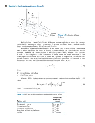 26 Capítulo 1: Propiedades geotécnicas del suelo
La ley de Darcy [ecuación (1.30)] es válida para una gran variedad de suelos. Sin embargo,
con materiales como grava limpia y pedraplenes de graduación abierta, esta ley no funciona de-
bido a la naturaleza turbulenta del flujo a través de ellos.
El valor de la permeabilidad hidráulica de los suelos varía en gran medida. En el labora-
torio se puede determinar por medio de pruebas de permeabilidad con carga constante o carga
variable. La prueba con carga constante es más adecuada para suelos gruesos. En la tabla 1.9
se indica el intervalo general de los valores de k de varios suelos. En suelos granulares, el valor
depende principalmente de la relación de vacíos. En el pasado se propusieron varias ecuaciones
para relacionar el valor de k con la relación de vacíos en suelos granulares. No obstante, el autor
recomienda utilizar la ecuación siguiente (también consulte Carrier, 2003):
k ~
e3
1 1 e
(1.32)
donde
k 5 permeabilidad hidráulica
e 5 relación de vacíos
Chapuis (2004) propuso una relación empírica para k en conjunto con la ecuación (1.32)
como
k(cm s) 5 2.4622 D10
2 e3
(1 1 e)
0.7825
(1.33)
donde D 5 tamaño efectivo (mm).
A
h
B
A
B
L
Dirección
del flujo
Dirección
del flujo
Suelo
Figura 1.9 Definición de la ley
de Darcy.
Tabla 1.9 Intervalo de la permeabilidad hidráulica para varios suelos.
Permeabilidad
hidráulica, k
(cm/s)
Tipo de suelo
Grava media a gruesa
Arena gruesa a fina
Arena fina, arena limosa
Limo, limo arcilloso, arcilla limosa
Arcillas
Mayor que
o menor
1027
1024
a 1026
1023
a 1025
1021
a 1023
1021
 