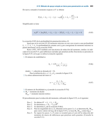 Con el tiempo, el esfuerzo sobre los tirantes de anclaje aumentó como se muestra en la tabla
siguiente:
Esfuerzo sobre el tirante
de anclaje (MN/m2
)
Fecha
151.11
177.33
193.2
203.55
213.9
24 de mayo de 1949
3 de junio de 1949
11 de junio de 1949
12 de julio de 1949
6 de agosto de 1949
Estas observaciones demuestran que la magnitud de la presión activa de tierra puede variar con el
tiempo y que depende en gran medida en la flexibilidad de las tablestacas. Además, las variaciones
reales en el diagrama de presión lateral de tierra pueden no ser idénticas a las empleadas para el diseño.
Muro de tablestacas en Toledo, Ohio (1961)
En la figura 9.33 se muestra una sección transversal común de un muro de tablestacas en Toledo, Ohio,
terminado en 1961. El suelo de cimentación fue principalmente arena fina a media, pero la línea de
dragado cortó arcilla altamente sobreconsolidada. En la figura 9.33 también se muestran los valores
medidos reales del momento flexionante a lo largo del muro de tablestacas. Casagrande (1973) utilizó
la distribución de presión activa de tierra de Rankine para calcular el momento flexionante máximo de
acuerdo con el método de apoyo simple en tierra con y sin reducción del momento de Rowe.
Método de diseño
Método de apoyo simple en tierra
Método de apoyo simple en tierra con reducción del momento de Rowe
Momento flexionante máximo
pronosticado, Mmáx
m
-
N
k
5
.
6
4
1
78.6 kN-m
Figura 9.33 Momento flexionante
de mediciones con deformímetro en
la ubicación de prueba 3, en el muro
de tablestacas de Toledo (adaptada de
Casagrande, 1973).
14
Profundidad, (m)
205 kN-m
180 kN-m
81 kN-m
65 kN-m
Mayo de 1961
0 100 200
kN-m
Escala
Línea de
dragado
0
Parte superior del relleno
Tirante
2
4
6
8
10
12
9.14 Observaciones de campo para muros de tablestacas ancladas 481
 
