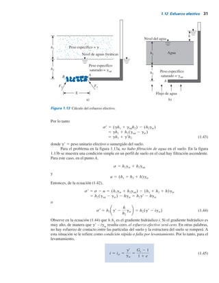 1.12 Esfuerzo efectivo 31
a)
Peso específico
saturado = gsat
Peso específico = g
Nivel de aguas freáticas
B
X
A
F1
h1
F2
h2
b)
Peso específico
saturado = gsat
Agua
Nivel del agua
A
Flujo de agua
h1
h2
h
Por lo tanto
5 gh1 1 grh2
5 gh1 1 h2(gsat 2 gw)
sr 5 (gh1 1 gsath2) 2 (h2gw)
(1.43)
donde g9 5 peso unitario efectivo o sumergido del suelo.
Para el problema en la figura 1.13a, no hubo filtración de agua en el suelo. En la figura
1.13b se muestra una condición simple en un perfil de suelo en el cual hay filtración ascendente.
Para este caso, en el punto A,
s 5 h1gw 1 h2gsat
y
u 5 (h1 1 h2 1 h)gw
Entonces, de la ecuación (1.42),
5 h2(gsat 2 gw) 2 hgw 5 h2gr 2 hgw
sr 5 s 2 u 5 (h1gw 1 h2gsat) 2 (h1 1 h2 1 h)gw
o
sr 5 h2 gr 2
h
h2
gw 5 h2(gr 2 igw) (1.44)
Observe en la ecuación (1.44) que hYh2
es el gradiente hidráulico i. Si el gradiente hidráulico es
muy alto, de manera que g9 – igw
resulta cero, el esfuerzo efectivo será cero. En otras palabras,
no hay esfuerzo de contacto entre las partículas del suelo y la estructura del suelo se romperá. A
esta situación se le refiere como condición rápida o falla por levantamiento. Por lo tanto, para el
levantamiento,
i 5 icr 5
gr
gw
5
Gs 2 1
1 1 e
(1.45)
Figura 1.13 Cálculo del esfuerzo efectivo.
 