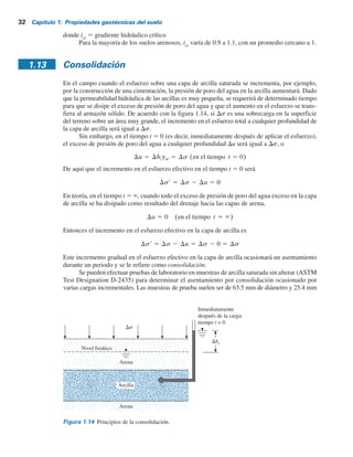 32 Capítulo 1: Propiedades geotécnicas del suelo
donde icr
5 gradiente hidráulico crítico
Para la mayoría de los suelos arenosos, icr
varía de 0.9 a 1.1, con un promedio cercano a 1.
1.13 Consolidación
En el campo cuando el esfuerzo sobre una capa de arcilla saturada se incrementa, por ejemplo,
por la construcción de una cimentación, la presión de poro del agua en la arcilla aumentará. Dado
que la permeabilidad hidráulica de las arcillas es muy pequeña, se requerirá de determinado tiempo
para que se disipe el exceso de presión de poro del agua y que el aumento en el esfuerzo se trans-
fiera al armazón sólido. De acuerdo con la figura 1.14, si Ds es una sobrecarga en la superficie
del terreno sobre un área muy grande, el incremento en el esfuerzo total a cualquier profundidad de
la capa de arcilla será igual a Ds.
Sin embargo, en el tiempo t 5 0 (es decir, inmediatamente después de aplicar el esfuerzo),
el exceso de presión de poro del agua a cualquier profundidad Du será igual a Ds, o
Du 5 Dhigw 5 Ds (en el tiempo t 5 0)
De aquí que el incremento en el esfuerzo efectivo en el tiempo t 5 0 será
Dsr 5 Ds 2 Du 5 0
En teoría, en el tiempo t 5 `, cuando todo el exceso de presión de poro del agua exceso en la capa
de arcilla se ha disipado como resultado del drenaje hacia las capas de arena,
Du 5 0 (en el tiempo t 5 `)
Entonces el incremento en el esfuerzo efectivo en la capa de arcilla es
Dsr 5 Ds 2 Du 5 Ds 2 0 5 Ds
Este incremento gradual en el esfuerzo efectivo en la capa de arcilla ocasionará un asentamiento
durante un periodo y se le refiere como consolidación.
Se pueden efectuar pruebas de laboratorio en muestras de arcilla saturada sin alterar (ASTM
Test Designation D-2435) para determinar el asentamiento por consolidación ocasionado por
varias cargas incrementales. Las muestras de prueba suelen ser de 63.5 mm de diámetro y 25.4 mm
hi
s
Nivel freático
Inmediatamente
después de la carga:
tiempo t = 0
Arena
Arena
Arcilla
Figura 1.14 Principios de la consolidación.
 