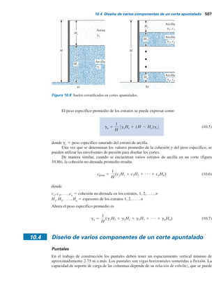 donde
s1
, s2
, s3
, s4
5 presiones aparentes
s 5 espaciamiento centro a centro de los puntales
Utilizando el procedimiento antes descrito para las cargas en los puntales observados en
el corte del metro de Berlín, en el de Múnich y de Nueva York, Peck (1969) proporcionó los
diagramas de la envolvente de la presión lateral aparente para el diseño de cortes en arena. Esta
envolvente se ilustra en la figura 10.5, en donde
sa 5 0.65gHKa (10.1)
donde
g 5 peso específico
H 5 altura del corte
Ka
5 coeficiente de presión activa de Rankine 5 tan2
(45 2 f9y2)
f9 5 ángulo de fricción efectivo de la arena
Cortes en arcilla
De manera similar, Peck (1969) también proporcionó los diagramas de las envolventes de presión
lateral aparente para cortes en arcilla suave a media y en arcilla firme. La envolvente de
presión para arcilla suave a media se muestra en la figura 10.6 y es aplicable para la condición
gH
c
. 4
donde c 5 cohesión no drenada (f 5 0).
La presión, sa
, es la mayor de
sa 5 gH 1 2
4c
gH
y
sa 5 0.3gH
(10.2)
donde g 5 peso específico de la arcilla.
La envolvente de presión para cortes en arcilla firme se muestra en la figura 10.7, en donde
sa 5 0.2gH a 0.4gH (con un promedio de 0.3gH) (10.3)
es aplicable para la condición gHyc  4.
10.2 Envolvente de presión para el diseño de cortes apuntalados 505
 