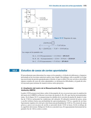 De aquí, las cargas en los puntales en los niveles indicados por los subíndices son
PB 5 (B1 1 B2)3 5 (45.2 1 45.2)3 5 271.2 kN
PA 5 54.02 3 espaciamiento horizontal, s 5 54.02 3 3 5 162.06 kN
y
PC 5 54.02 3 3 5 162.06 kN
Parte c
En el lado izquierdo de la figura 10.10b, para el momento máximo la fuerza cortante debe
ser cero. La naturaleza de la variación de la fuerza cortante se muestra en la figura 10.10c. La
ubicación del punto E se puede dar como
x 5
reacción en B1
37.8
5
45.2
37.8
5 1.196 m
Además,
5 3.6 kN-m metro de muro
Magnitud del momento en A 5
1
2
(1)
37.8
1.75
3 1
1
3
y
5 54.06 2 27.03 5 27.03 kN-m metro de muro
Magnitud del momento en E 5 (45.2 3 1.196) 2 (37.8 3 1.196)
1.196
2
Debido a que las cargas en las secciones izquierda y derecha de la figura 10.10b son
iguales, las magnitudes de los momentos en F y C (consulte la figura 10.10c) serán las mismas
que en E y A, respectivamente. De aquí, el momento máximo es 27.03 kN-mymetro de muro.
Entonces el módulo de sección de las tablestacas es
S 5
Mmáx
sperm
5
27.03 kN-m
170 3 103
kN m2
5 15.9 3 1025
m3
m del muro
Parte d
La reacción en el nivel B se calculó en la parte b. De aquí,
Mmáx 5
(B1 1 B2)s2
8
5
(45.2 1 45.2)32
8
5 101.7 kN-m
y
5 0.598 3 1023
m3
Módulo de sección, S 5
101.7
sperm
5
101.7
(170 3 1000)
10.4 Diseño de varios componentes de un corte apuntalado 513
 