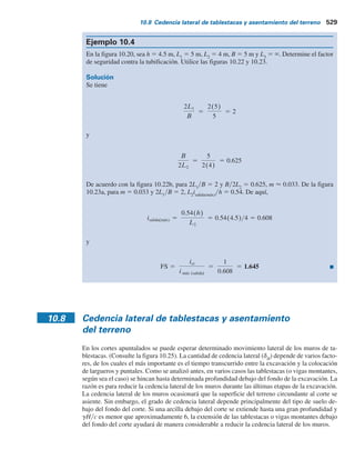 Figura 10.23 Variación del gradiente máximo de salida con el
módulo. (De Groundwater and Seepage, de M.E. Harr. Copyrigth
1962 de McGraw-Hill. Utilizada con permiso).
2L1
=
B
0.02
0
0.40
0.45
0.50
0.55
0.60
0.65
0.70
0.04 0.06
Módulo, m
a)
0.08 0.10
20
12
16
8
4
2
1
0.5
0
0.12
0.6
0.5
0.4
0.3
0.2
0.1
0
0.2 0.4
20
16
12 8 4
2
1
0.5
2L1 = 0
B
0.6
Módulo, m
b)
0.8 1.0 1.2
L
2
i
salida(máx)
h
L
2
i
salida(máx)
h
10.7 Estabilidad del fondo de un corte en arena 527
 