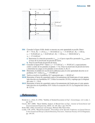Problemas 531
s Deflexión horizontal máxima de tablestacas, dH(máx)
Para 40% de la excavación en arcilla suave, 0.5%  dH(máx)
yH  1%.
El valor promedio de dH(máx)
yH es aproximadamente 0.87%.
En arcillas firmes, el valor promedio de dH(máx)
yH es aproximadamente 0.25%.
En suelos no cohesivos, dH(máx)
yH es aproximadamente 0.27% del promedio.
s La ubicación de dH(máx)
, es decir, z9 (figura 10.25)
Para una excavación profunda de suelos cohesivos suaves y firmes, z9yH es aproximada-
mente 0.5 a 1.0.
Problemas
10.1 Consulte el corte apuntalado que se muestra en la figura P10.1. Datos: g 5 16 kNym3
,
f9 5 38° y c9 5 0. Los puntales se ubican a 3.5 m centro a centro en planta. Trace la
envolvente de presión de tierra y determine las cargas en los puntales en los niveles A, B y C.
Figura 10.26 Variación del asentamiento del terreno con la distancia. [De Peck, R.B. (1969).
“Deep Excavation and Tunneling in Soft Ground”, Proceedings, Seventh International Conference
on Soil Mechanics and Foundation Engineering, Mexico City, State-of-the-Art Volume, pp. 225-290.
Con permiso de la ASCE].
Arena y arcilla suave y trabajo promedio
A —
Arcilla muy suave a suave. Limitada en
profundidad debajo de la base de la excavación
B —
Arcilla muy suave a suave.
Gran profundidad debajo de la excavación
C —
A
B
C
0
1
2
3
1 2 3 4
Distancia desde el muro apuntalado
H
dV
H
(%)
 