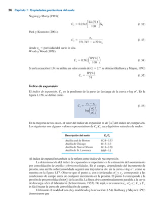 36 Capítulo 1: Propiedades geotécnicas del suelo
Nagaraj y Murty (1985):
Cc 5 0.2343
LL(%)
100
Gs (1.52)
Park y Koumoto (2004):
Cc 5
no
371.747 2 4.275no
(1.53)
donde no
5 porosidad del suelo in situ.
Wroth y Wood (1978):
Cc 5 0.5Gs
IP(%)
100
(1.54)
Si en la ecuación (1.54) se utiliza un valor común de Gs
5 2.7, se obtiene (Kulhawy y Mayne, 1990)
Cc 5
IP(%)
74
(1.55)
Índice de expansión
El índice de expansión, Cs
, es la pendiente de la parte de descarga de la curva e-log s9. En la
figura 1.15b, se define como
Cs 5
e3 2 e4
log
sr
4
sr
3
(1.56)
En la mayoría de los casos, el valor del índice de expansión es de
1
4 a
1
5 del índice de compresión.
Los siguientes son algunos valores representativos de Cs
YCc
para depósitos naturales de suelos:
Descripción del suelo
0.24–0.33
Arcilla azul de Boston
Arcilla de Chicago
Arcilla de Nueva Orleans
Arcilla de St. Lawrence
0.15–0.3
0.15–0.28
0.05–0.1
Cs ,Cc
Al índice de expansión también se le refiere como índice de recompresión.
La determinación del índice de expansión es importante en la estimación del asentamiento
por consolidación de arcillas sobreconsolidadas. En el campo, dependiendo del incremento de
presión, una arcilla sobreconsolidada seguirá una trayectoria abc en la curva e-log s9, como se
muestra en la figura 1.17. Observe que el punto a, con coordenadas s9
o
y eo
, corresponde a las
condiciones de campo antes de cualquier incremento en la presión. El punto b corresponde a la
presión de preconsolidación (s9
c
) de la arcilla. La línea ab es aproximadamente paralela a la curva
de descarga cd en el laboratorio (Schmertmann, 1953). De aquí, si se conocen eo
, s9
o
, s9
c
, Cc
y Cs
,
es fácil trazar la curva de consolidación de campo.
Utilizando el modelo Cam-clay modificado y la ecuación (1.54), Kulhawy y Mayne (1990)
demostraron que
 