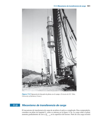 11.4 Instalación de pilotes 549
Figura 11.7 (continuación) Equipo de hincado de pilotes: c) martinete de aire o vapor de doble acción
y diferencial; d) martinete diesel; e) impulsor de pilotes vibratorio; f) fotografía de un impulsor de pilotes
vibratorio. (Cortesía de Michael W. O’Neill, University of Houston,
Escape
y
admisión
Escape
y
admisión
Cilindro
c)
Amortiguador
del martinete
Amortiguador
del pilote
Pilote
Casquete
del pilote
Ariete
d)
Amortiguador
del pilote
Yunque
Amortiguador
del martinete
Pilote
Casquete del pilote
Ariete
e)
Oscilador
Peso
estático
Pilote
Abrazadera
f)
 