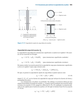 donde p 5 perímetro de la sección transversal del pilote. En la figura 11.9c se muestra la varia-
ción de f(z)
con la profundidad.
Si la carga Q en la superficie del terreno se aumenta de manera gradual, la resistencia por
fricción máxima a lo largo del fuste se movilizará por completo cuando el desplazamiento relativo
entre el suelo y el pilote sea de aproximadamente 5 a 10 mm, con independencia del tamaño y de la
longitud L del pilote. Sin embargo, la resistencia máxima de punta Q2
5 Qp
no se movilizará hasta que
la punta del pilote se haya movido aproximadamente 10 a 25% del ancho del pilote (o diámetro).
(El límite inferior se aplica a pilotes hincados y el límite superior a pilotes perforados).A carga última
(figura 11.9d y la curva 2 en la figura 11.9b), Q(z 5 0)
5 Qu
. Entonces,
Q1 5 Qs
y
Q2 5 Qp
En la explicación anterior se indica que Qs
(o la fricción superficial unitaria, f, a lo largo del fuste
del pilote) se desarrolla a un desplazamiento mucho menor del pilote comparado con la resisten-
cia de punta, Qp
. A fin de demostrar este punto, considere los resultados de una prueba de carga
en un pilote realizada en el campo por Mansur y Hunter (1970). Los detalles del pilote y de las
condiciones del subsuelo son:
Tipo de pilote: de acero con diámetro exterior de 406 mm y espesor de
pared de 8.15 mm
Tipo de subsuelo: arena
Longitud de empotramiento del pilote: 16.8 m
En la figura 11.10a se muestran los resultados de la prueba de carga, que son una gráfica de la carga
en la parte superior del pilote [Q(z 5 0)
] contra el asentamiento (s). En la figura 11.10b se muestra
la gráfica de la carga soportada por el fuste del pilote [Q(z)
] a cualquier profundidad. La gráfica la
reportaron Mansur y Hunter (1970) que, para esta prueba, a la falla
Qp  416 kN
Qu  1601kN
y
Qs  1185 kN
Ahora, considere la distribución de la carga en la figura 11.10b cuando el asentamiento del pilote
(s) es de aproximadamente 2.5 mm. Para esta condición
Q1  574 kN
Q2  93 kN
Q(z50)  667 kN
De aquí, en s 5 2.5 mm,
Q2
Qp
5
93
416
(100) 5 22.4%
y
Q1
Qs
5
574
1185
(100) 5 48.4%
Así pues, es obvio que la fricción superficial se moviliza más rápido a niveles de asenta-
miento bajos en comparación con la carga de punta.
11.5 Mecanismo de transferencia de carga 553
 
