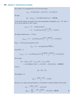 580 Capítulo 11: Cimentaciones con pilotes
pequeñas distribuidas aleatoriamente y también por rupturas progresivas a lo largo de las líneas
de deslizamiento. De aquí que siempre recomendamos que
qu(diseño) 5
qu(lab)
5
(11.65)
En la tabla 11.11 se indican algunos valores representativos (de laboratorio) de resistencias a
la compresión simple de algunas rocas. Los valores representativos del ángulo de fricción f9 de las
rocas se dan en la tabla 11.12.
Para determinar la capacidad de carga de punta permisible de pilotes se debe emplear un
factor de seguridad de al menos 3. Así pues,
Qp(perm) 5
qu(diseño)(Nf 1 1) Ap
FS
(11.66)
Ejemplo 11.7
Consulte el pilote en arcilla saturada que se muestra en la figura 11.22. Para el pilote,
a. Calcule la resistencia superficial (Qs
) mediante (1) el método a, (2) el método l y (3) el
método b. Para el método b, utilice f9
R
5 30° para todos los estratos de arcilla. Los 10 m
superiores de la arcilla están normalmente consolidados. El estrato inferior de arcilla
tiene una OCR 5 2. (Nota: diámetro del pilote 5 406 mm).
b. Utilizando los resultados del ejemplo 11.2, estime la capacidad permisible del pilote
(Qperm)
). Utilice FS 5 4.
Tabla 11.11 Resistencia común a la compresión
simple de rocas.
Tipo de roca
70-140
105-210
35-70
140-210
60-70
27-45
30-40
10-20
40-50
25-30
Arenisca
Caliza
Esquisto
Granito
Mármol
qu
MN m2
,
Tabla 11.12 Valores comunes del ángulo de
fricción f9 de rocas.
Ángulo de fricción, f9 (grados)
Tipo de roca
Arenisca
Caliza
Esquisto
Granito
Mármol
 