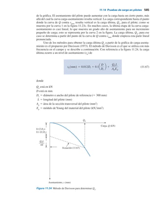 11.14 Pruebas de carga en pilotes 583
Ejemplo 11.8
Un pilote de concreto con sección transversal de 305 3 305 mm se hinca hasta una profun-
didad de 20 m debajo de la superficie del terreno en un suelo de arcilla saturada. Un resumen
de la variación de la resistencia por fricción fc
obtenida de una prueba de penetración de cono
es el siguiente:
Profundidad
(m)
0-6
6-12
12-20
fc (kg/cm2
)
Resistencia por fricción,
0.35
0.56
0.72
Estime la resistencia por fricción Qs
para el pilote.
Solución
Se puede elaborar la tabla siguiente:
Profundidad
(m)
fc L fcp( L)
(kN/m2
) (Figura 11.21) (m) [Ecuación (11.63)] (kN)
0-6
6-12
12-20
34.34
54.94
70.63
0.84
0.71
0.63
6
6
8
211.5
285.5
434.2
[Nota: ]
p 5 (4)(0.305) 5 1.22 m
D
a9
D
a9
Por lo tanto,
Qs 5 g arfcp(DL) 5 931 kN
11.14 Pruebas de carga en pilotes
En la mayoría de los proyectos grandes, se debe realizar un número específico de pruebas de
carga. La razón principal es la falta de confiabilidad de los métodos de predicción. La capacidad
de carga vertical y lateral de un pilote se puede probar en el campo. En la figura 11.23a se muestra
un diagrama esquemático de la configuración de carga del pilote para la prueba de compresión
axial en el campo. La carga se aplica al pilote mediante un gato hidráulico. Se aplican cargas en
etapas al pilote y se deja transcurrir un tiempo suficiente después de cada carga de manera que
ocurra una cantidad pequeña de asentamiento. El asentamiento del pilote se mide con medidores de
carátula. La cantidad de carga que se aplicará en cada etapa variará, dependiendo de los reglamentos
de construcción locales. La mayoría de los reglamentos de construcción requiere que cada etapa de
carga sea de aproximadamente de un cuarto de la carga de trabajo propuesta. La prueba de carga
se debe efectuar hasta al menos una carga total de dos veces la carga de trabajo propuesta.
Después de que se alcanza la carga deseada en el pilote, éste se descarga gradualmente.
 