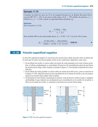 11.18 Capacidad de pilotes para pilotes hincados por vibración 611
Dato: WR
h 5 40.67 kN-m
Qperm 5
Qu
FS
5
2697
6
 449.5 kN
Qu 5
(0.8)(40.67 3 1000)
25.4
8 1 2.54
3
33.36 1 (0.4)2
(55.95)
33.36 1 55.95
5 2697 kN
Parte b
Qu 5
EHE
S 1
EHEL
2ApEp
Utilice Ep
5 20.7 3 106
kNym2
Qperm 5
1857
4
 464 kN
Qu 5
(0.8)(40.67)
25.4
8 3 1000 1 0.01435
 1857 kN
Å
EHEL
2ApEp
5
Å
(0.8)(40.67)(24.39)
2(0.305 3 0.305)(20.7 3 106
kNm2
)
5 0.01435 m 5 14.35 mm
11.18 Capacidad de pilotes para pilotes hincados por vibración
Los principios de los impulsores de pilotes vibratorios (figura 11.7e) se analizaron brevemente
en la sección 11.4. Como se mencionó allí, el impulsor en esencia consiste de dos pesos contrarro-
tatorios. La amplitud de la fuerza centrífuga de impulso generada por un martinete vibratorio se
puede dar como
Fe
5 mev2
(11.109)
donde
m 5 masa rotatoria excéntrica total
e 5 distancia entre el centro de cada masa rotatoria y el centro de rotación
v 5 frecuencia circular de operación
Los martinetes vibratorios por lo general incluyen un peso estático aislado que puede variar
de 4 a 40 kN. El peso estático está aislado de la oscilación por unos resortes, por lo que actúa
como una carga neta hacia abajo ayudando a la eficiencia de hincado al incrementar la velocidad
de penetración del pilote.
El uso de impulsores vibratorios de pilotes comenzó a principios de la década de 1930.
La instalación de pilotes con impulsores vibratorios produce menos ruido y daño al pilote, en
comparación con el hincado de impacto. Sin embargo, debido a una comprensión limitada de las
relaciones entre la carga, la velocidad de penetración y la capacidad de carga de los pilotes, este
método no ha ganado popularidad en Estados Unidos.
 