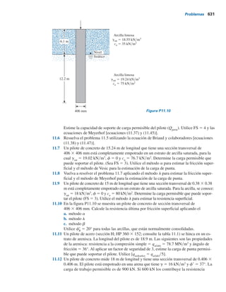 Problemas 629
11.24 Pilotes en roca
Para pilotes de carga de punta apoyados sobre roca, en la mayoría de los reglamentos de construc-
ción se especifica que Qg(u)
5 -Qu
, siempre que el espaciamiento mínimo centro a centro de los
pilotes sea D 1 300 mm. Para pilotes H y pilotes con sección transversal cuadrada, la magnitud
de D es igual a la dimensión diagonal de la sección transversal del pilote.
Problemas
11.1 En la figura P11.1 se muestra un pilote de concreto de 12 m de longitud. Estime la carga
de punta última Qp
mediante
a. El método de Meyerhof
b. El método de Vesic
c. El método de Coyle y Castello
Use m 5 600 en la ecuación (11.26)
11.2 Remítase al pilote que se muestra en la figura P11.1. Estime la resistencia lateral Qs
a. Utilizando las ecuaciones (11.40) a (11.42). Utilice K 5 1.3 y d9 5 0.8f9
b. El método de Coyle y Castello [ecuación (11.44)]
11.3 Con base en los resultados de los problemas 11.1 y 11.2, recomiende una carga permisible
para el pilote. Utilice FS 5 4.
11.4 En la figura P11.4 se muestra un pilote hincado con extremo cerrado, de sección trans-
versal circular. Calcule lo siguiente:
a. La carga de punta última utilizando el procedimiento de Meyerhof.
b. La carga de punta última utilizando el procedimiento de Vesic, Tome Irr
5 50.
c. Una carga de punta última aproximada con base en las partes a) y b).
d. La resistencia por fricción última Qs
. [Utilice las ecuaciones (11.40) a (11.42) y tome
K 5 1.4 y d9 5 0.6f9].
e. La carga permisible del pilote (utilice FS 5 4).
11.5 La siguiente es la variación de N60
con la profundidad en un depósito de suelo granular.
Un pilote de concreto de 9 m de longitud (sección transversal de 0.305 3 0.305 m) se
hinca y se empotra totalmente en la arena.
Asentamiento del estrato 3
Continuando de forma análoga, se tiene
Dsc(3) 5
(0.25)(2)
1 1 0.75
log
208.99 1 9.2
208.99
5 0.0054 m 5 5.4 mm
Ds(3)
r 5
2000
(3.3 1 12)(2.2 1 12)
5 9.2 kNm2
so(3)
r 5 181.62 1 2(18.9 2 9.81) 1 1(19 2 9.81) 5 208.99 kNm2
De aquí, el asentamiento total es
Dsc(g) 5 162.4 1 15.7 1 5.4 5 183.5 mm
 