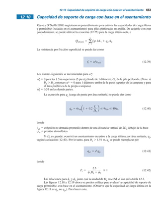 12.9 Pilas perforadas en arcilla: capacidad de soporte de carga 661
12.9 Pilas perforadas en arcilla: capacidad de soporte de carga
Para arcillas saturadas con f9 5 0, el factor de capacidad de carga Nq
en la ecuación (12.4) es
igual a 1. Así pues, para este caso,
Qp(neta)  ApcuNcFcsFcdFcc (12.32)
donde cu
5 cohesión no drenada.
Suponiendo que L  3Db
, se puede rescribir la ecuación (12.32) como
Qp(neta) 5 ApcuNc
* (12.33)
donde N*
c
5 Nc
Fcs
fcd
fcc
5 1.33[(ln Ir
) 1 1] en donde Ir
5 índice de rigidez del suelo.
El índice de rigidez del suelo se definió en la ecuación (12.11). Para f 5 0, (12.34)
Ir 5
Es
3cu
(12.35)
O’Neill y Reese (1999) proporcionaron una relación aproximada entre cu
y Es
y3cu
. Esta
relación se muestra en la figura 12.17. Para todos los fines prácticos, si cu
ypa
es igual a o
Parte b
Se tiene
Asentamiento permisible
Ds
5
12
(1.0)(1000)
5 0.12 5 1.2%
La línea de tendencia en la figura 12.14a muestra que, para un asentamiento normalizado de
1.2%, la carga normalizada es de aproximadamente 0.8. Así pues, la transferencia de la carga
lateral es (0.8)(1500)  1200 kN.
De manera similar,
Asentamiento permisible
Db
5
12
(1.5) (1000)
5 0.008 5 0.8%
La línea de tendencia que se muestra en la figura 12.12 indica que, para un asentamiento
normalizado de 1.4%, la carga normalizada en la base es 0.317. Por lo tanto, la carga en la base
es (0.317)(2582) 5 818.5 kN. De aquí, la carga total es
Q 5 1200 1 818.5  2018.5 kN
 