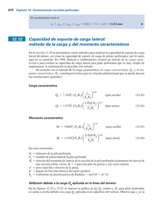 668 Capítulo 12: Cimentaciones con pilas perforadas
De nuevo, de la ecuación (12.40),
qp 5 6cub 1 1 0.2
L
Db
5 (6)(145) 1 1 0.2
6 1 1.5
1.2
5 1957.5 kN m2
Una revisión revela que
qp 5 9cub 5 (9)(145) 5 1305 kN m2
, 1957.5 kN m2
Por lo que se utiliza qp
5 1305 kNym2
qpAp 5 qp
p
4
Db
2
5 (1305)
p
4
(1.2)2
5 1475.9 kN
De aquí,
Qúlt 5 Sai
*cu(i)pDLi 1 qpAp 5 255.28 1 1475.9  1731 kN
Parte b
Se tiene
Asentamiento permisible
Ds
5
12
(0.76)(1000)
5 0.0158 5 1.58%
La línea de tendencia que se muestra en la figura 12.18 indica que, para un asentamiento
normalizado de 1.58%, la carga lateral normalizada es de aproximadamente 0.9. Así pues, la
carga lateral es
(0.9)(SfipDLi) 5 (0.9)(255.28) 5 229.8 kN
De nuevo,
Asentamiento permisible
Db
5
12
(1.2)(1000)
5 0.01 5 1%
La línea de tendencia que se muestra en la figura 12.19 indica que, para un asentamiento
normalizado de 1%, la carga de punta normalizada es de aproximadamente 0.63, por lo tanto,
Carga en la base 5 (0.63)(qpAp) 5 (0.63)(1475.9) 5 929.8 kN
Por consiguiente, la carga total es
Q 5 229.8 1 929.8 5 1159.6 kN
12.11 Asentamiento de pilas perforadas ante carga de trabajo
El asentamiento de pilas perforadas ante carga de trabajo se calcula de una manera similar a la resu-
mida en la sección 11.15. En muchos casos, la carga soportada por la resistencia del fuste es pequeña
comparada con la carga soportada en la base. En esos casos, la contribución de s3
se puede ignorar.
[Observe que en las ecuaciones (11.74) y (11.75) el término D se debe reemplazar por Db
para
pilas perforadas].
 