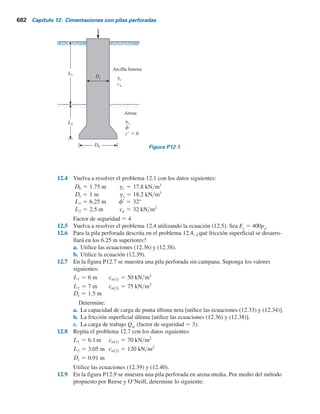 680 Capítulo 12: Cimentaciones con pilas perforadas
las pilas se colaron sobre o en roca suave generalmente con cierto grado de junteado. Con base
en estos resultados, ellos propusieron
Qu(net) 5 Qp 1 Qs 5 qpAp 1 fpL (12.50)
donde la capacidad de carga de punta Qp
se puede expresar como
Qp(MN) 5 qpAp 5 4.83(qu MN m2
)0.51
Ap(m2
) (12.51)
En la figura 12.29 se muestra la gráfica de qp
(MNym2
) contra qu
(MNym2
) obtenida a partir de los
datos sobre los cuales se basa la ecuación (12.51).
Además, la resistencia lateral Qs
es
Qs(MN) 5 fpL 5 0.4(qu MN 2
)0.5
pDs(m) L(m)
(para receptáculo liso)
(12.52)
y
Qs(MN) 5 fpL 5 0.8(qu MN m2
)0.5
pDs(m) L(m)
(para receptáculo rugoso)
(12.53)
0.3 1 3 10
Resistencia a la compresión simple, qu (MNym2
)
30 100
0.1
3
1
10
30
q
p
(MNym
2
)
qp = 4.83 (qu)0.51
100
Figura 12.29 Gráfica de qp
contra qu
. (Adaptada de Zhang y
Einstein, 1998)
 