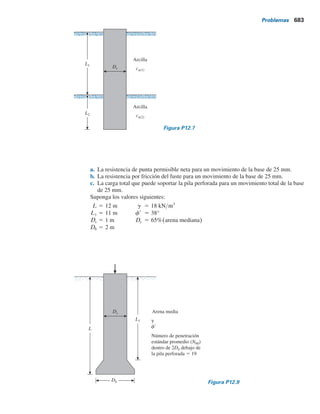 Problemas 681
Problemas
12.1 En la figura P12.1 se muestra una pila perforada. Determine la capacidad de carga de
punta permisible. Datos:
cu 5 35 kN m2
L2 5 3 m
fr 5 35°
L1 5 6 m
gs 5 17.6 kN m3
Ds 5 1.2 m
gc 5 15.6 kN m3
Db 5 2 m
Factor de seguridad 5 3
Utilice la ecuación (12.18).
12.2 Vuelva a resolver el problema 12.1, esta vez utilizando la ecuación (12.15). Sea Es
5 600pa
.
12.3 Para la pila perforada descrita en el problema 12.1, ¿cuál será la resistencia superficial
que se desarrollará en los 6 m superiores, que están en arcilla? Utilice las ecuaciones
(12.36) y (12.38).
Ejemplo 12.8
En la figura 12.30 se muestra una pila perforada que se prolonga hasta una formación de
esquisto. Para los núcleos de roca intacta se obtuvo qu
5 4.2 MNym2
. Estime la capacidad
de soporte de carga permisible de la pila perforada. Utilice un factor de seguridad (FS) 5 3.
Suponga un receptáculo liso para la resistencia lateral.
Solución
De la ecuación (12.51),
Qp 5 Ap 4.83(qu)0.51
5
p
4
(1)2
(4.83)(4.2)0.51
5 7.89 MN
De nuevo, de la ecuación (12.52),
Qs 5 0.4(qu)0.5
(pDsL) 5 0.4(4.2)0.5
(p)(1)(4) 5 10.3 MN
De aquí,
Qperm 5
Qu
FS
5
Qp 1 Qs
FS
5
7.89 1 10.3
3
5 6.06 MN
3 m
Ds  1 m
Arcilla suave
Esquisto
Receptáculo liso
Pila perforada
4 m
Figura 12.30 Pila perforada que se prolonga hasta roca.
 