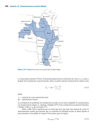 Cimentaciones en suelos difíciles
13.1 Introducción
En muchas áreas de Estados Unidos y en otras partes del mundo, determinados suelos hacen que
la construcción de cimentaciones sea extremadamente difícil. Por ejemplo, los suelos expansi-
vos o colapsables (colapsibles) pueden causar grandes movimientos diferenciales en estructuras
como resultado de un excesivo levantamiento o asentamiento. También se originan problemas
similares cuando las cimentaciones se construyen sobre rellenos sanitarios. Los ingenieros de
cimentaciones deben poder identificar los suelos difíciles cuando los encuentren en el campo.
Si bien no todos los problemas ocasionados por todos los suelos se pueden resolver, se pueden
tomar medidas preventivas para reducir la posibilidad de daño a estructuras construidas sobre
ellas. En este capítulo se destacan las propiedades fundamentales de tres condiciones de suelos
importantes: suelos colapsables, suelos expansivos y rellenos sanitarios, y los métodos para una
construcción cuidadosa de cimentaciones.
686
Suelo colapsable
13.2 Definición de tipos de suelos colapsables
Los suelos colapsables, que en ocasiones se denominan suelos colapsibles o suelos metaestables,
son suelos no saturados que experimentan un gran cambio de volumen al saturarse. El cambio
puede o no ser el resultado de la aplicación de una carga adicional. El comportamiento de los
suelos colapsables ante una carga se explica mejor mediante la gráfica común relación de vacíos-
presión efectiva (e contra log s9) para un suelo colapsable, como se muestra en la figura 13.1.
La rama ab se determina a partir de la prueba de consolidación de una muestra con su conte-
nido de humedad natural. A un nivel de presión efectiva de s9
w
, la relación de vacíos de equilibrio
es e1
. Sin embargo, si se introduce agua en la muestra hasta saturarla, la estructura del suelo
colapsará. Después de la saturación, la relación de vacíos de equilibrio al mismo nivel de presión
efectiva s9
w
es e2
; cd es la rama de la curva e-log s9 ante una carga adicional después de la saturación.
Las cimentaciones que se construyen sobre esos suelos pueden experimentar un asentamiento
grande y repentino si el suelo abajo de ellos se satura con un suministro no anticipado de hu-
medad. La humedad puede provenir de cualquiera de varias fuentes, como a) tuberías de agua rotas,
 