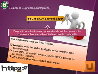 Ejemplo de un protocolo criptográfico:
SSL (Secure Sockets Layer
)
Proporciona autenticación y privacidad de la información entre
extremos sobre Internet mediante el uso de criptografía.
 