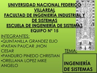 INGENIERÍA
DE SISTEMAS
UNIVERSIDAD NACIONAL FEDERICO
VILLAREAL
FACULTAD DE INGENIERÍA INDUSTRIAL Y
DE SISTEMAS
ESCUELA DE INGENIERÍA DE SISTEMAS
EQUIPO Nº 15
INTEGRANTES:
•QUINTANILLA GRANDEZ ELIO
•PAITAN PAUCAR JHON
CESAR
•PANDURO PINEDO CHRISTIAN
•ORELLANA LOPEZ MIKE
ANGELO
TEMA:
 