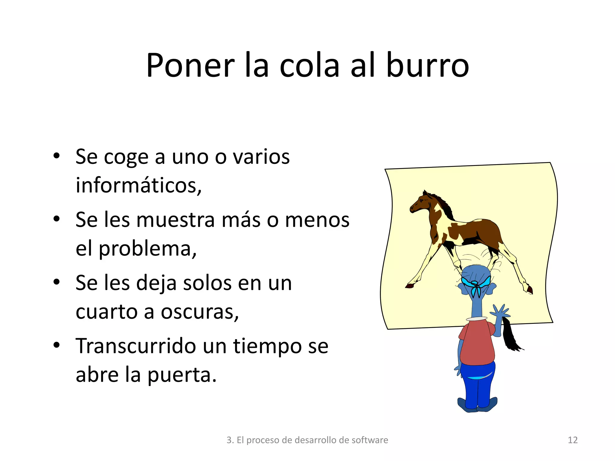 3. El proceso de desarrollo de software 12
Poner la cola al burro
• Se coge a uno o varios
informáticos,
• Se les muestra más o menos
el problema,
• Se les deja solos en un
cuarto a oscuras,
• Transcurrido un tiempo se
abre la puerta.
 