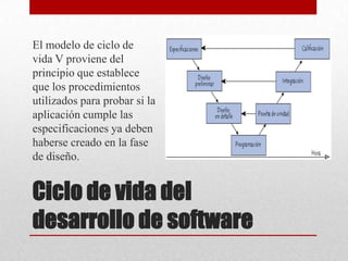 El modelo de ciclo de
vida V proviene del
principio que establece
que los procedimientos
utilizados para probar si la
aplicación cumple las
especificaciones ya deben
haberse creado en la fase
de diseño.

Ciclo de vida del
desarrollo de software

 