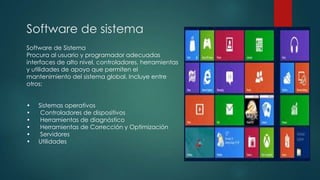 Software de sistema
Software de Sistema
Procura al usuario y programador adecuadas
interfaces de alto nivel, controladores, herramientas
y utilidades de apoyo que permiten el
mantenimiento del sistema global. Incluye entre
otros:
•
•
•
•
•
•

Sistemas operativos
Controladores de dispositivos
Herramientas de diagnóstico
Herramientas de Corrección y Optimización
Servidores
Utilidades

 