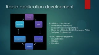 Rapid application development

El método comprende:
- El desarrollo interactivo
- La construcción de prototipos
- El uso de utilidades CASE (Computer Aided
Software Engineering).
El RAD tiende a englobar:
- La usabilidad
- Utilidad
- Rapidez

 