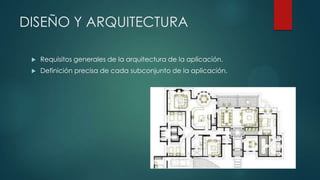 DISEÑO Y ARQUITECTURA


Requisitos generales de la arquitectura de la aplicación.



Definición precisa de cada subconjunto de la aplicación.

 