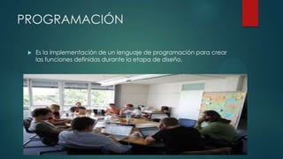 PROGRAMACIÓN


Es la implementación de un lenguaje de programación para crear
las funciones definidas durante la etapa de diseño.

 