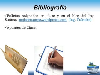 BibliografíaFolletos asignados en clase y en el blog del Ing. Suárez.  moisessuarez.wordpress.com  (Ing. Tránsito)