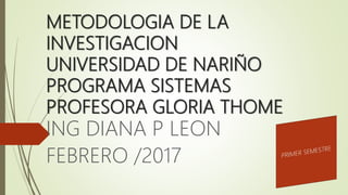 METODOLOGIA DE LA
INVESTIGACION
UNIVERSIDAD DE NARIÑO
PROGRAMA SISTEMAS
PROFESORA GLORIA THOME
ING DIANA P LEON
FEBRERO /2017
 