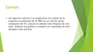 Ejemplo
 Un ingeniero solicita a la cooperativa de crédito de la
empresa un préstamo de $1 000 con un interés anual
compuesto de 5%. Calcule el adeudo total después de tres
años. Elabore una gráfica y compare los resultados de este
ejemplo y del anterior.
 