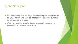 Ejercicio 5 (Lab)
 Dibuje un diagrama del flujo de efectivo para un préstamo
de $10,500 con una tasa de interés del 12% anual durante
un periodo de seis años.
 ¿Qué cantidad de interés simple se pagará en una sola
exhibición al final del sexto año?
 
