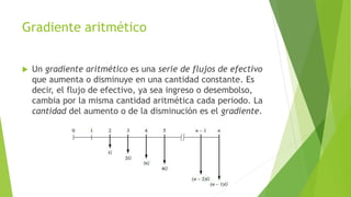 Gradiente aritmético
 Un gradiente aritmético es una serie de flujos de efectivo
que aumenta o disminuye en una cantidad constante. Es
decir, el flujo de efectivo, ya sea ingreso o desembolso,
cambia por la misma cantidad aritmética cada periodo. La
cantidad del aumento o de la disminución es el gradiente.
 