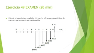 Ejercicio 49 EXAMEN (20 min)
 Calcule el valor futuro en el año 10, con i = 10% anual, para el flujo de
efectivo que se muestra a continuación.
 