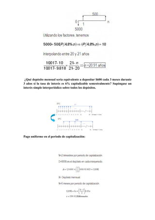 ¿Qué depósito mensual sería equivalente a depositar $600 cada 3 meses durante
3 años si la tasa de interés es 6% capitalizable semestralmente? Supóngase un
interés simple interperiódico sobre todos los depósitos.
Pago uniforme en el periodo de capitalización:
 