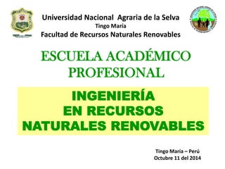 INGENIERÍA EN RECURSOS NATURALES RENOVABLES 
Universidad Nacional Agraria de la Selva 
Tingo María 
Facultad de Recursos Naturales Renovables 
Tingo María –Perú 
Octubre 11 del 2014 
ESCUELA ACADÉMICO PROFESIONAL  