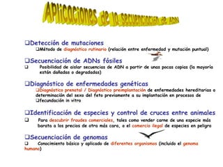 Detección de mutaciones

Método de diagnóstico rutinario (relación entre enfermedad y mutación puntual)

Secuenciación de ADNs fósiles


Posibilidad de aislar secuencias de ADN a partir de unas pocas copias (la mayoría
están dañadas o degradadas)

Diagnóstico de enfermedades genéticas

Diagnóstico prenatal / Diagnóstico preimplantación de enfermedades hereditarias o
determinación del sexo del feto previamente a su implantación en procesos de
fecundación in vitro

Identificación de especies y control de cruces entre animales


Para descubrir fraudes comerciales, tales como vender carne de una especie más
barata a los precios de otra más cara, o el comercio ilegal de especies en peligro

Secuenciación de genomas


Conocimiento básico y aplicado de diferentes organismos (incluido el genoma
humano)

 