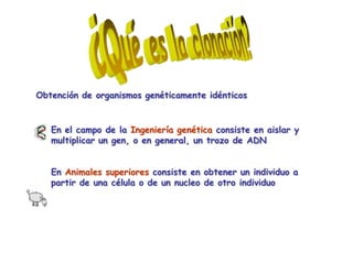 Obtención de organismos genéticamente idénticos

En el campo de la Ingeniería genética consiste en aislar y
multiplicar un gen, o en general, un trozo de ADN
En Animales superiores consiste en obtener un individuo a
partir de una célula o de un nucleo de otro individuo

 