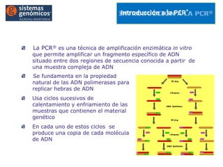 Introducción a la PCR®

La PCR® es una técnica de amplificación enzimática in vitro

que permite amplificar un fragmento específico de ADN
situado entre dos regiones de secuencia conocida a partir de
una muestra compleja de ADN
Se fundamenta en la propiedad
natural de las ADN polimerasas para
replicar hebras de ADN
Usa ciclos sucesivos de
calentamiento y enfriamiento de las
muestras que contienen el material
genético
En cada uno de estos ciclos se
produce una copia de cada molécula
de ADN

www.sistemasgenomicos.com

 