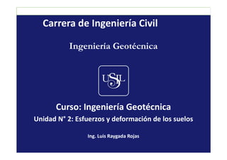 Carrera de Ingeniería Civil
Ingeniería Geotécnica
Ing. Luis Raygada Rojas
Curso: Ingeniería Geotécnica
Unidad N° 2: Esfuerzos y deformación de los suelos
 