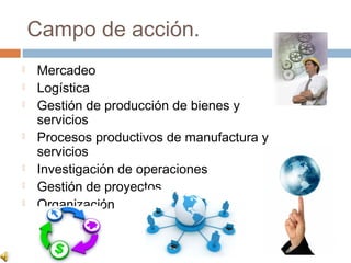 Campo de acción.
   Mercadeo
   Logística
   Gestión de producción de bienes y
    servicios
   Procesos productivos de manufactura y
    servicios
   Investigación de operaciones
   Gestión de proyectos
   Organización
 