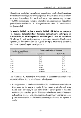 115
FUNDAMENTOS DE LA INGENIERÍA DE RIEGOS
El gradiente hidráulico en suelos no saturados es igual a la diferencia de
presión hidráulica negativa entre dos puntos, dividida entre la distancia que
los separa. Los valores de i pueden alcanzar hasta valores muy elevados
(> 1,000); mientras que en suelos saturados, los gradientes son pequeños y
generalmente menores de “ 1 “ Una gradiente de valor “ 1 “ es el causado
por la gravedad.
La conductividad capilar o conductividad hidráulica no saturada
(Kc
) depende del contenido de humedad del suelo cuyo valor para un
mismo suelo, va disminuyendo a medida que el suelo va secándose.
El valor de Kc
será máximo cuando el suelo esté saturado. En el cuadro
siguiente, se presenta valores de Kc
para dos tipos de suelos y diferentes
succiones, reportados por investigadores.
Succión del agua del suelo
(Bares)
Conductividad capilar (Kc
) (cm/hora)
Suelo Arenoso Suelo Medio
0
0.10
0.20
0.40
0.60
0.80
1.20
2.00
6.59
1.30
0.65
0.37
0.024
0.001
0.0009
0.00012
1.48
0.51
0.47
0.43
0.30
0.17
0.021
0.0121
Los valores de Kc
disminuyen rápidamente al descender el contenido de
humedad; debido, fundamentalmente, a lo siguiente:
• 	 La magnitud de la conductividad hidráulica depende del área o sección
transversal de los poros, a través de los cuales se desplaza el agua.
En un suelo saturado, el área transversal de dichos poros es máxima,
mientras que a medida que va disminuyendo el contenido de humedad
del suelo se produce una disminución del área transversal de los poros
y consecuentemente va dificultándose el desplazamiento del agua en el
suelo.
 