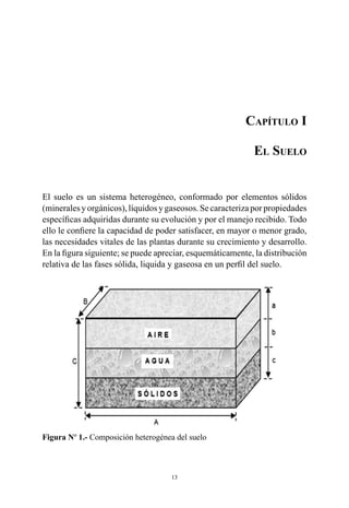 13
Capítulo I
El Suelo
El suelo es un sistema heterogéneo, conformado por elementos sólidos
(mineralesyorgánicos),líquidosygaseosos.Secaracterizaporpropiedades
específicas adquiridas durante su evolución y por el manejo recibido. Todo
ello le confiere la capacidad de poder satisfacer, en mayor o menor grado,
las necesidades vitales de las plantas durante su crecimiento y desarrollo.
En la figura siguiente; se puede apreciar, esquemáticamente, la distribución
relativa de las fases sólida, liquida y gaseosa en un perfil del suelo.
Figura Nº 1.- Composición heterogénea del suelo
 
