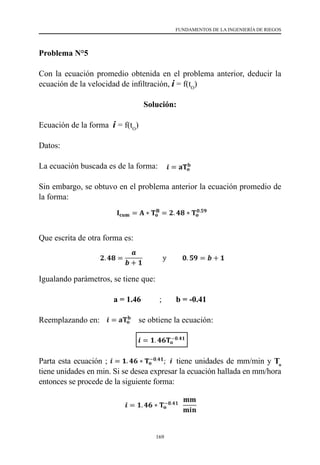 169
FUNDAMENTOS DE LA INGENIERÍA DE RIEGOS
Problema N°5
Con la ecuación promedio obtenida en el problema anterior, deducir la
ecuación de la velocidad de infiltración, i = f(tO
)
Solución:
Ecuación de la forma i = f(tO
)
Datos:
La ecuación buscada es de la forma:	 	
Sin embargo, se obtuvo en el problema anterior la ecuación promedio de
la forma:
Que escrita de otra forma es:
Igualando parámetros, se tiene que:
a = 1.46 ; b = -0.41
Reemplazando en:                   se obtiene la ecuación:
Parta esta ecuación ; tiene unidades de mm/min y To
tiene unidades en min. Si se desea expresar la ecuación hallada en mm/hora
entonces se procede de la siguiente forma:
 