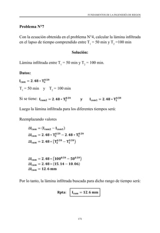 171
FUNDAMENTOS DE LA INGENIERÍA DE RIEGOS
Problema N°7
Con la ecuación obtenida en el problema N°4, calcular la lámina infiltrada
en el lapso de tiempo comprendido entre T1
= 50 min y T2
=100 min
Solución:
Lámina infiltrada entre T1
= 50 min y T2
= 100 min.
Datos:
T1
= 50 min    y    T2
= 100 min
Si se tiene: 	
Luego la lámina infiltrada para los diferentes tiempos será:
Reemplazando valores
Por lo tanto, la lámina infiltrada buscada para dicho rango de tiempo será:
 