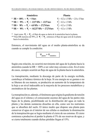 176
PH. D. ABSALÓN VÁSQUEZ V. - PH. D. ISSAAK VÁSQUEZ R. - ING. MSC. CRISTIAN VÁSQUEZ R. - ING. MSC. MIGUEL CAÑAMERO K.
		 Atmósfera 	 Planta
* HR = 100% → ΨV
= 0 bars	 Ψp
= -0.2 a -1.5 MPa  = -2.0 a -15 bars
** HR = 99% → ΨV
= -13.57 MPa = -13.57 bars	 Ψp
= -0.2 a -1.5 MPa     
** HR = 98% → ΨV
= -6.8 MPa = -27.274 bars	 Ψp
= -0.2 a -1.5 MPa
** HR = 90% → ΨV
= -142.237 MPa = -27.274 bars	 Ψp
= -0.2 a -1.5 MPa  
*   Aquí como  ΨV
> Ψp
; el flujo de agua se daría de la atmósfera hacia la planta.
** Para HR menores de 99%, el  Ψv
< Ψp
; entonces el flujo de agua será de la planta
hacia la atmósfera.
Entonces, el movimiento del agua en el medio planta-atmósfera se da
cuando se cumple la condición:
Ψplanta
> Ψatmósfera
Según esta relación, no ocurrirá movimiento del agua de la planta hacia la
atmósfera cuando la HR = 100% o un valor muy cercano a éste. En el resto
de casos, siempre ocurrirá un flujo de agua de la planta hacia la atmósfera.
La transpiración, mediante la descarga de parte de la energía recibida,
contribuye al balance térmico de la hoja. Si esa energía no se gastara o no
se liberase de esa manera, se produciría un aumento de la temperatura de
la hoja a un nivel indeseable en la mayoría de los procesos metabólicos y
enzimáticos de las plantas.
Latranspiraciónes,además,elfenómenoqueorigina lagradientede tensión
del agua en el xilema y el consecuente ascenso del agua de las partes más
bajas de la planta, posibilitando así la distribución del agua en toda la
planta y las demás sustancias disueltas en ella, como son los nutrientes
que se absorben del suelo. El único medio que dispone una planta para
conservar el agua en el interior de sus células es mediante la disminución
de la transpiración que se logra mediante el cierre de sus estomas. El cierre
comienza a producirse al perder la planta el 5% de sus reservas de agua, y
se cierra totalmente cuando dichas pérdidas llegan al 15%.
 