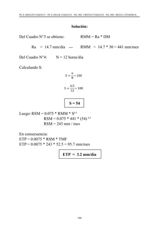 188
PH. D. ABSALÓN VÁSQUEZ V. - PH. D. ISSAAK VÁSQUEZ R. - ING. MSC. CRISTIAN VÁSQUEZ R. - ING. MSC. MIGUEL CAÑAMERO K.
Solución:
Del Cuadro N°3 se obtiene:	 	 RMM = Ra * DM
	 Ra    =  14.7 mm/día	 	 RMM   =  14.7 * 30 = 441 mm/mes
Del Cuadro N°4:	 N = 12 horas/día
Calculando S:
		 S = 54
Luego:	RSM = 0.075 * RMM * S0.5
	 	 RSM = 0.075 * 441 * (54) 0.5
	 	 RSM = 243 mm / mes
En consecuencia:   
ETP = 0.0075 * RSM * TMF
ETP = 0.0075 * 243 * 52.5 = 95.7 mm/mes
ETP = 3.2 mm/día
 