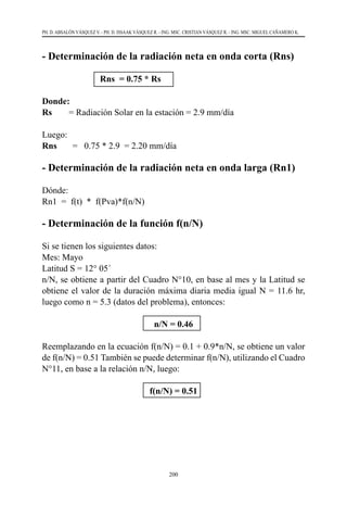 200
PH. D. ABSALÓN VÁSQUEZ V. - PH. D. ISSAAK VÁSQUEZ R. - ING. MSC. CRISTIAN VÁSQUEZ R. - ING. MSC. MIGUEL CAÑAMERO K.
- Determinación de la radiación neta en onda corta (Rns)
Rns = 0.75 * Rs
Donde:
Rs  	 = Radiación Solar en la estación = 2.9 mm/día
Luego:
Rns       =   0.75 * 2.9  = 2.20 mm/día
- Determinación de la radiación neta en onda larga (Rn1)
Dónde:
Rn1  =  f(t)  *  f(Pva)*f(n/N)
- Determinación de la función f(n/N)
Si se tienen los siguientes datos:
Mes: Mayo
Latitud S = 12° 05´
n/N, se obtiene a partir del Cuadro N°10, en base al mes y la Latitud se
obtiene el valor de la duración máxima diaria media igual N = 11.6 hr,
luego como n = 5.3 (datos del problema), entonces:
n/N = 0.46
Reemplazando en la ecuación f(n/N) = 0.1 + 0.9*n/N, se obtiene un valor
de f(n/N) = 0.51 También se puede determinar f(n/N), utilizando el Cuadro
N°11, en base a la relación n/N, luego:
f(n/N) = 0.51
 